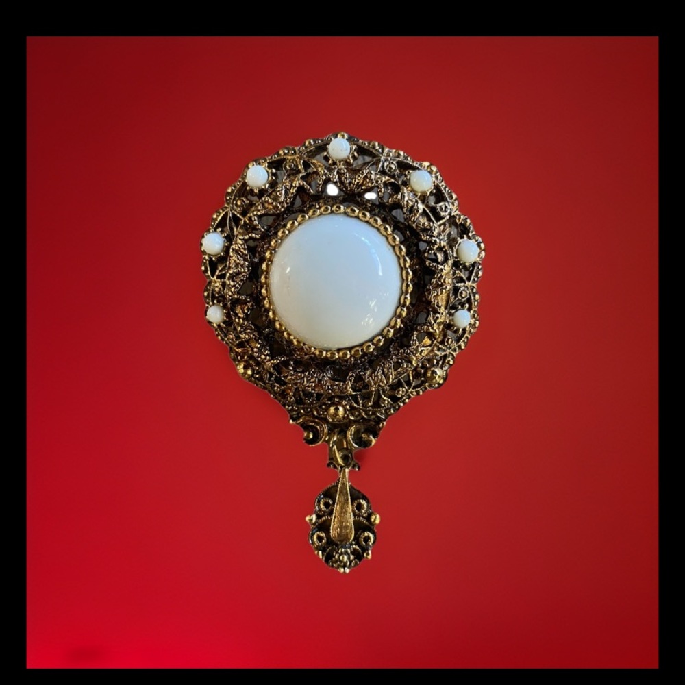 Brooch Gold Filigree Dangle White Round Cabochon Victorian Revival Vintage